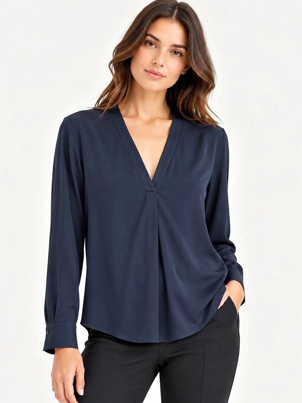 Vince Silk-Blend Pleated-Neck Blouse Blue, 4